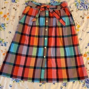 Gap button-front plaid midi skirt, multi colour madras pattern, tie belt.
